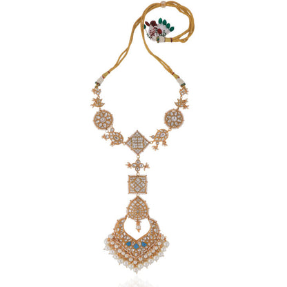 Sky Blue & White Gold Plated Jadtar Long Necklace With Stunnning Earring With White Pearl