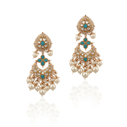 Sky Blue & White Gold Plated Jadtar Long Necklace With Stunnning Earring With White Pearl