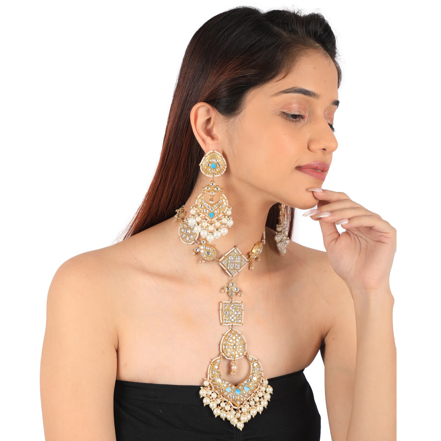 Sky Blue & White Gold Plated Jadtar Long Necklace With Stunnning Earring With White Pearl