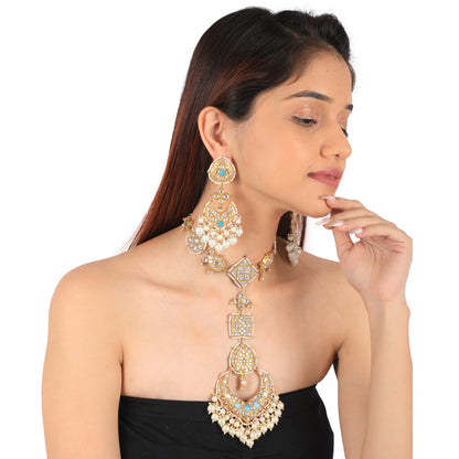 Sky Blue & White Gold Plated Jadtar Long Necklace With Stunnning Earring With White Pearl