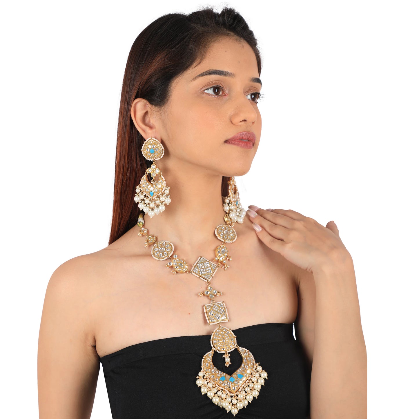 Sky Blue & White Gold Plated Jadtar Long Necklace With Stunnning Earring With White Pearl