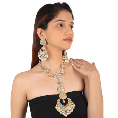 Sky Blue & White Gold Plated Jadtar Long Necklace With Stunnning Earring With White Pearl