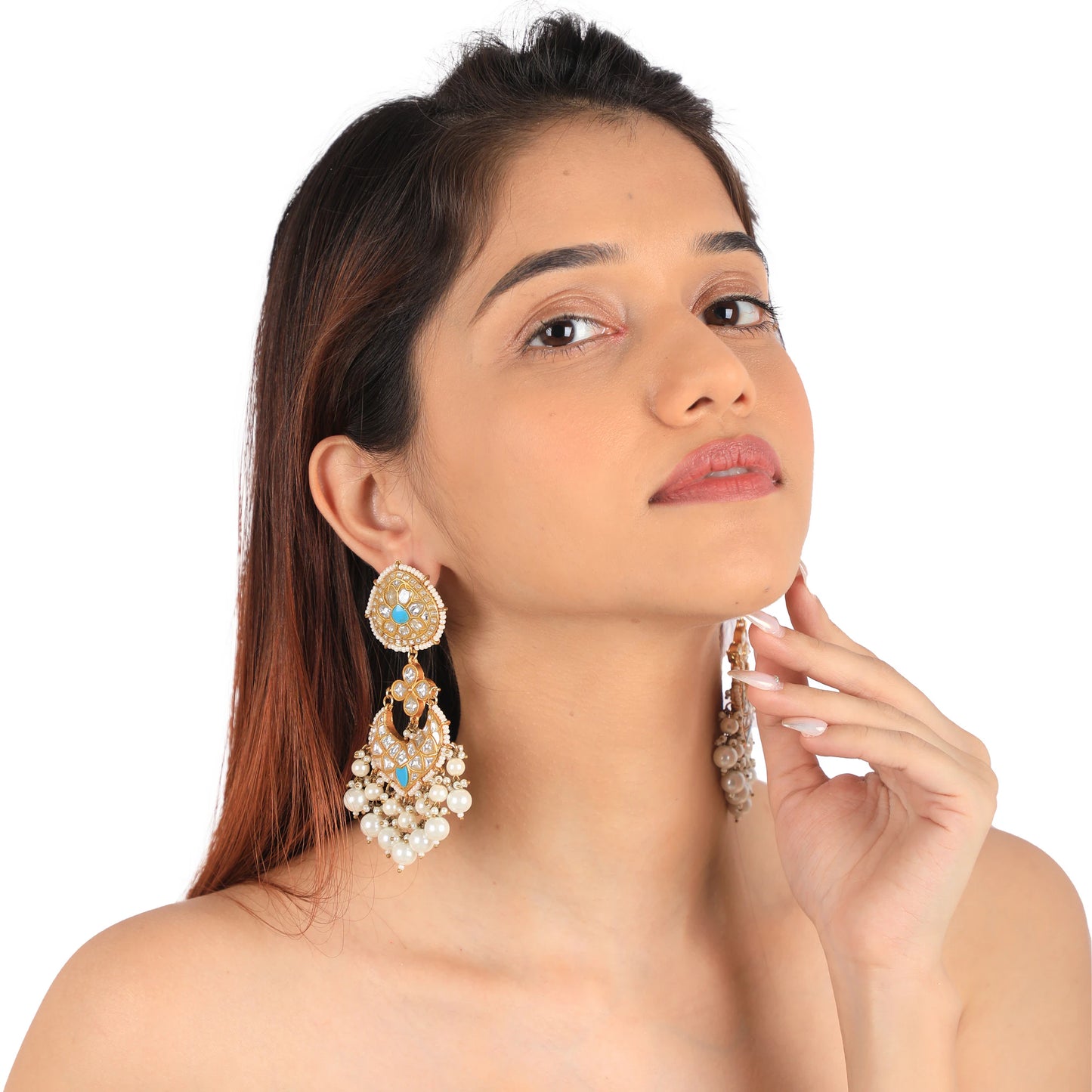 Sky Blue & White Gold Plated Jadtar Long Necklace With Stunnning Earring With White Pearl