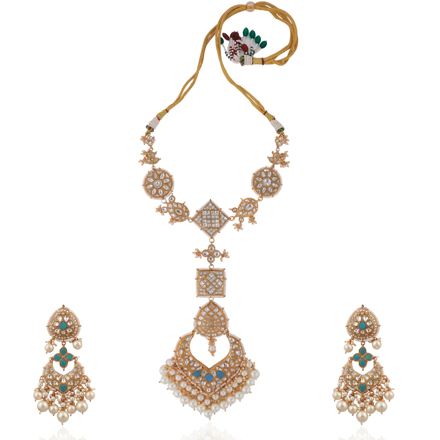 Sky Blue & White Gold Plated Jadtar Long Necklace With Stunnning Earring With White Pearl