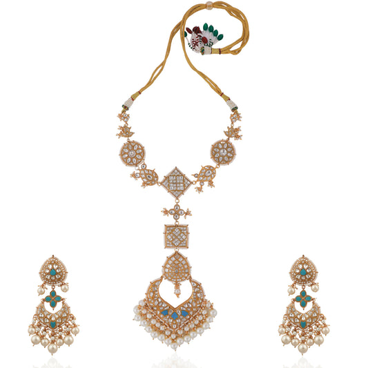 Sky Blue & White Gold Plated Jadtar Long Necklace With Stunnning Earring With White Pearl