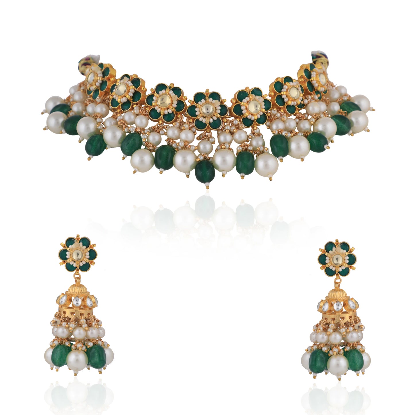 Gold Finish Green Emerald Beads With White Pearl Choker With Floral Design Jhumka