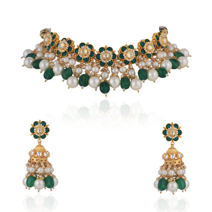 Gold Finish Green Emerald Beads With White Pearl Choker With Floral Design Jhumka
