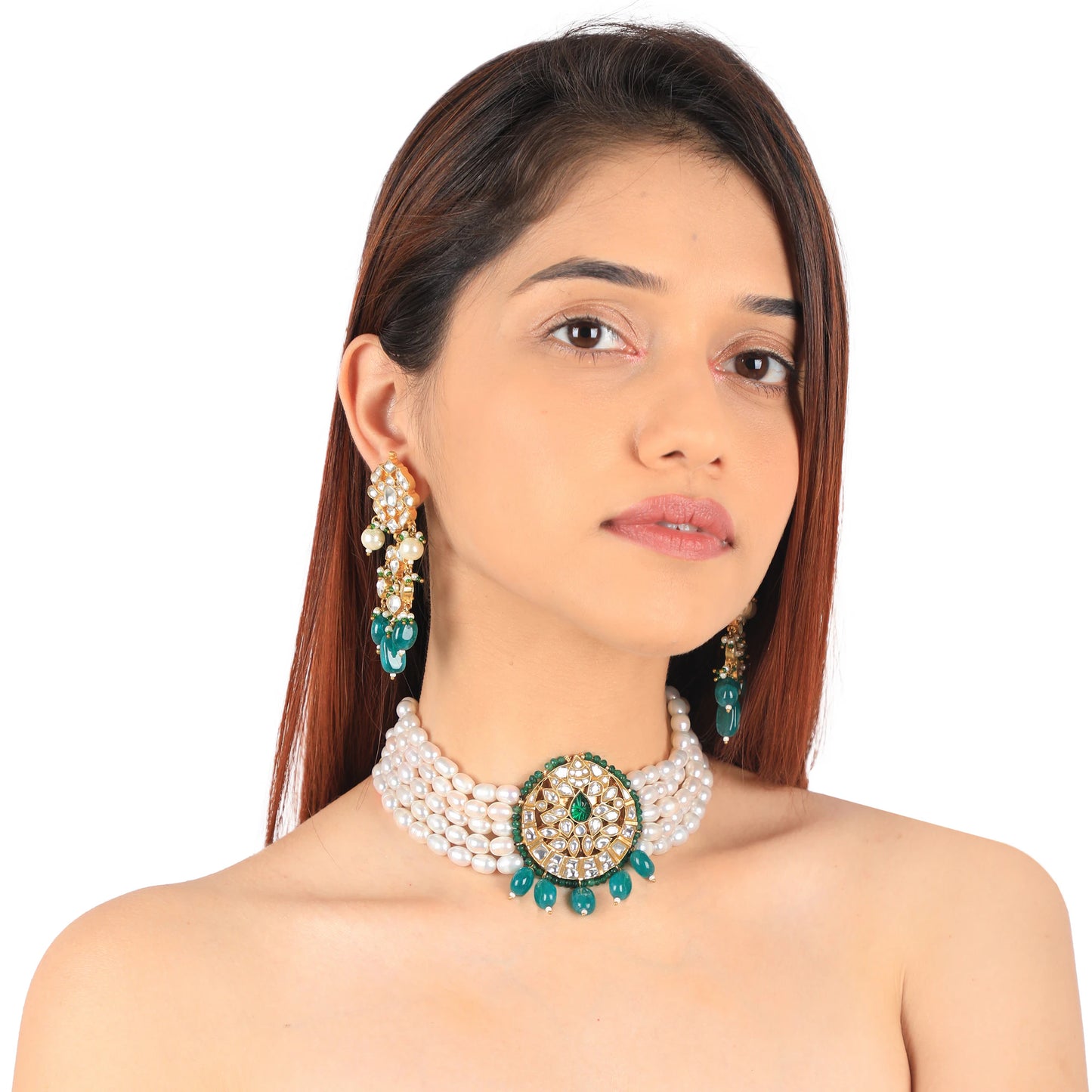 Rice White Pearl Choker With Emerald Green Pendant Set