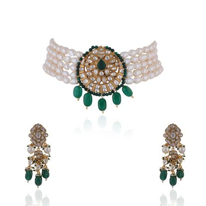 Rice White Pearl Choker With Emerald Green Pendant Set