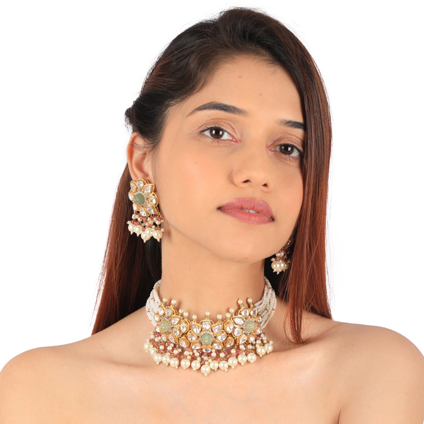 Royal Elegant Silver Choker Necklace Handcrafted With 22Kt Gold Plating In Mozanite Stones And Pastel Beads