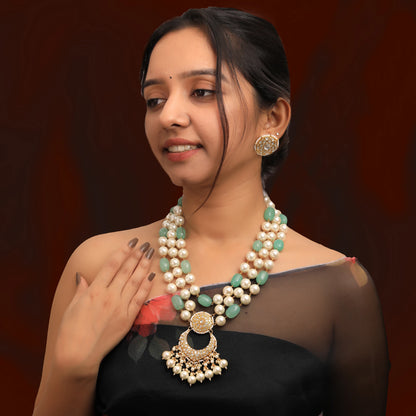 Emerald Sea Green With White Pearl Three Layered Necklace Set