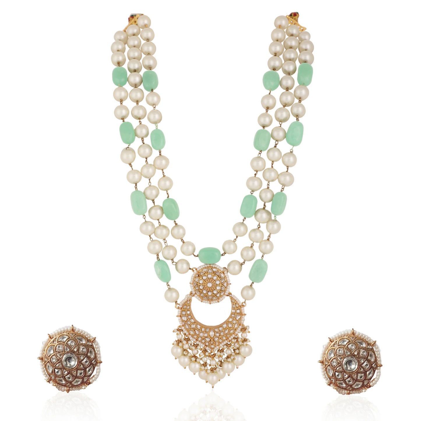 Emerald Sea Green With White Pearl Three Layered Necklace Set