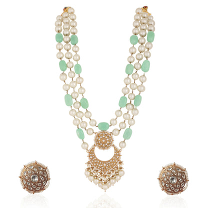 Emerald Sea Green With White Pearl Three Layered Necklace Set