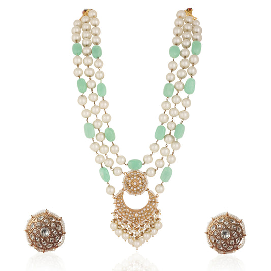 Emerald Sea Green With White Pearl Three Layered Necklace Set