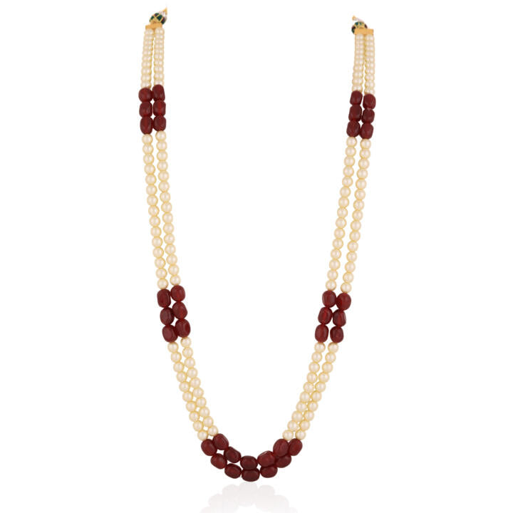 Designer Red & Green Two Layered Beaded Pearls And Ruby Beads Mala For Men/Long Sherwani Maala Design