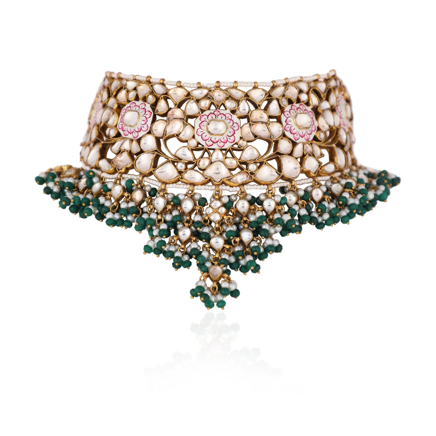 Pink Meenakari Necklace With Green Hangings Wedding Wear Necklace Set