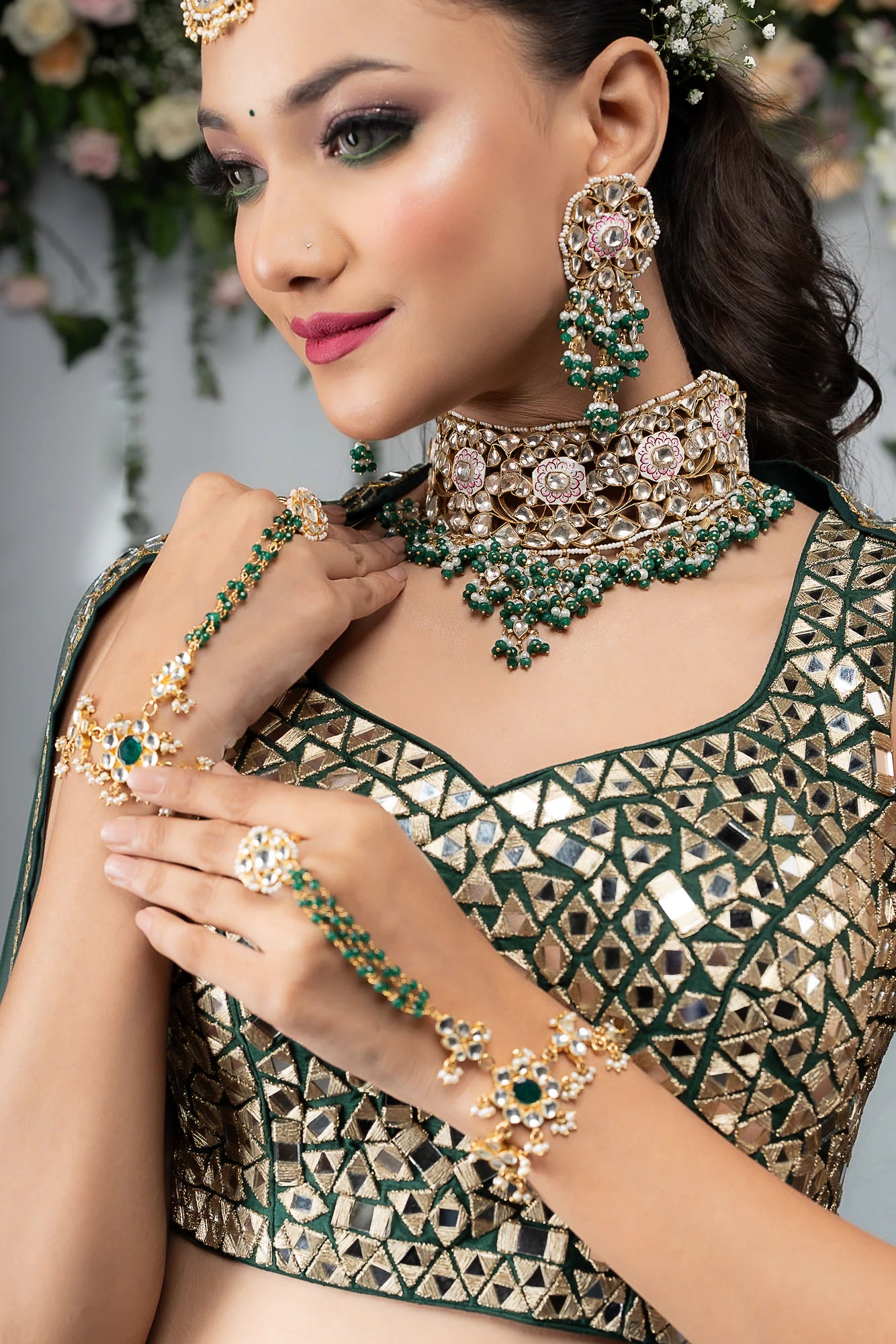 Pink Meenakari Necklace With Green Hangings Wedding Wear Necklace Set