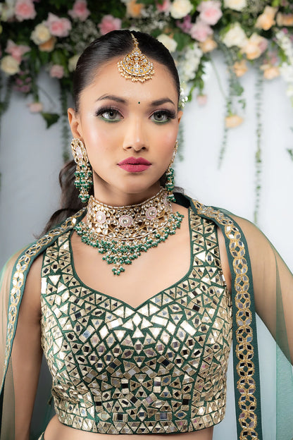 Pink Meenakari Necklace With Green Hangings Wedding Wear Necklace Set