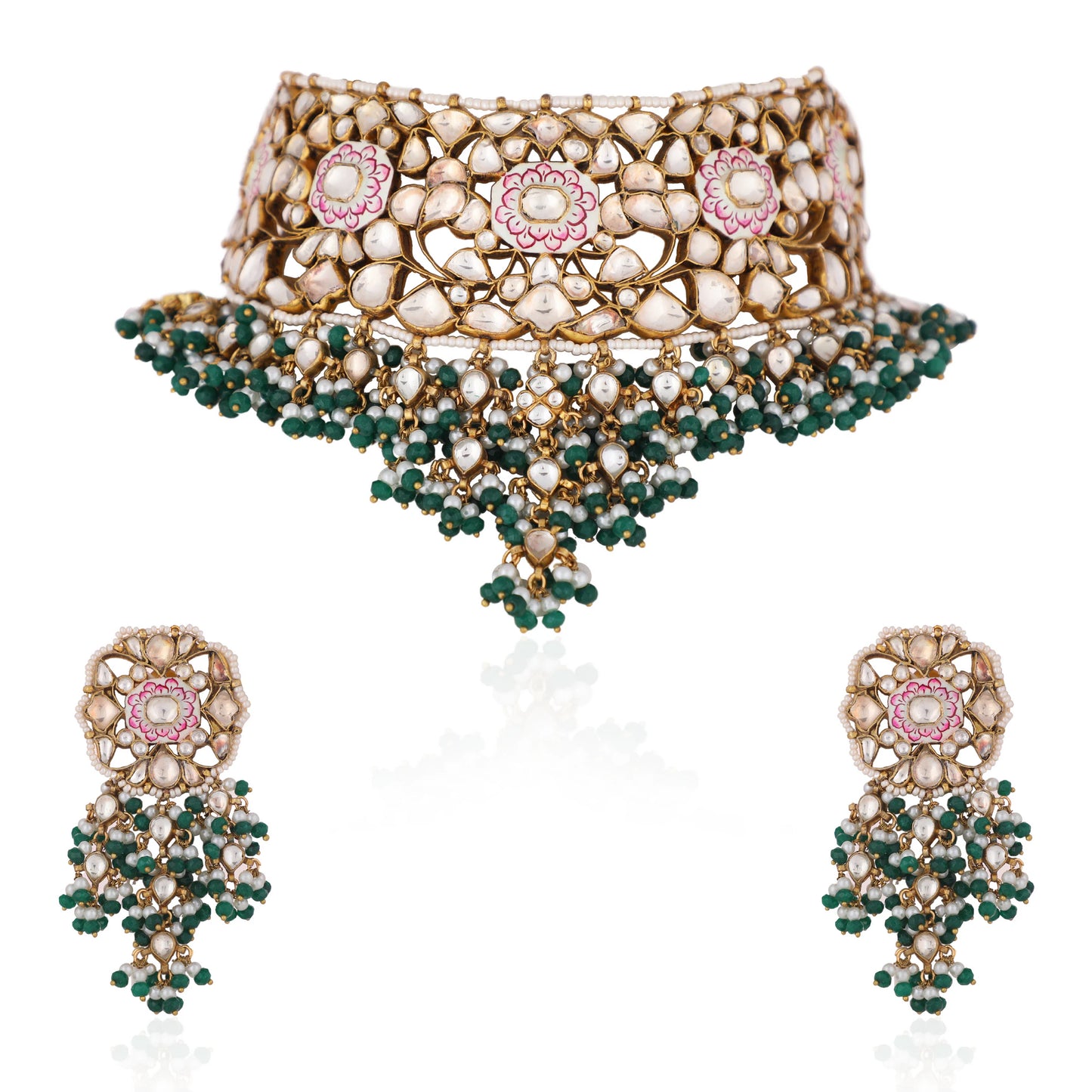 Pink Meenakari Necklace With Green Hangings Wedding Wear Necklace Set