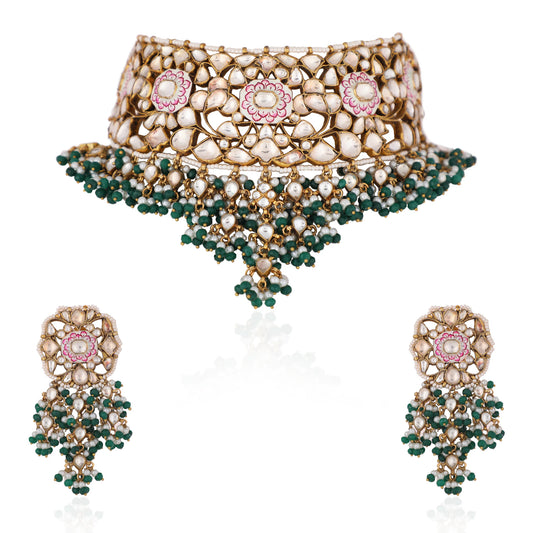 Pink Meenakari Necklace With Green Hangings Wedding Wear Necklace Set
