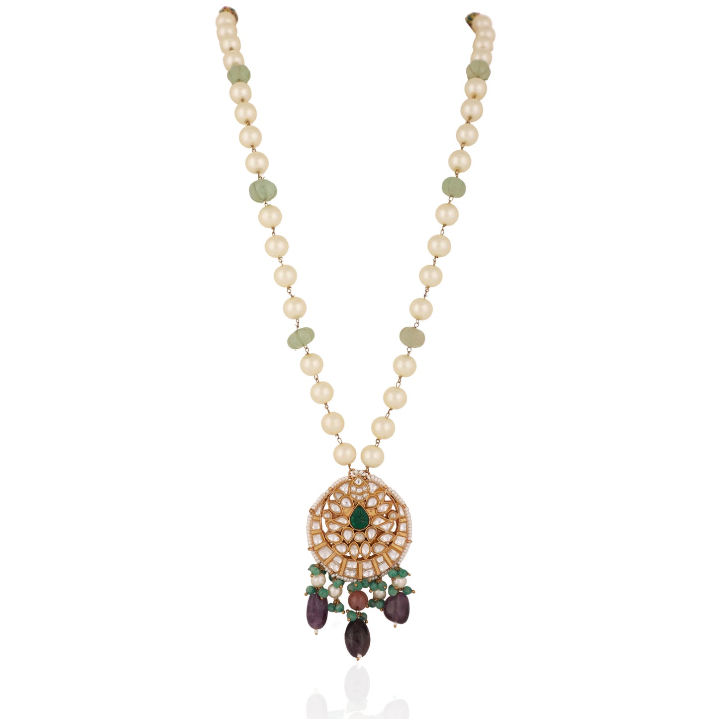 Purple & Sea Green Long Necklace Set With Emerald Beads
