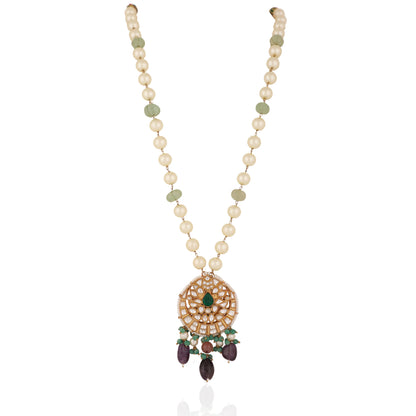 Purple & Sea Green Long Necklace Set With Emerald Beads