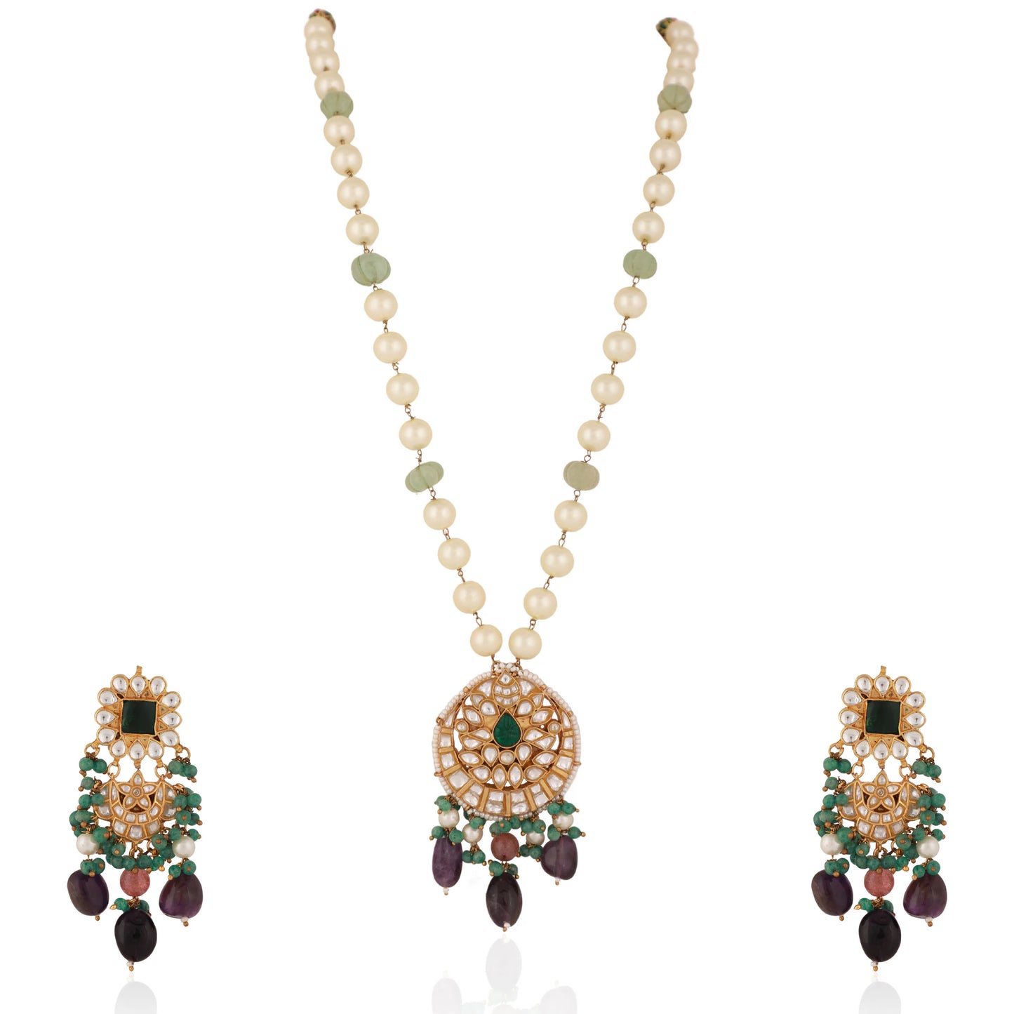 Purple & Sea Green Long Necklace Set With Emerald Beads