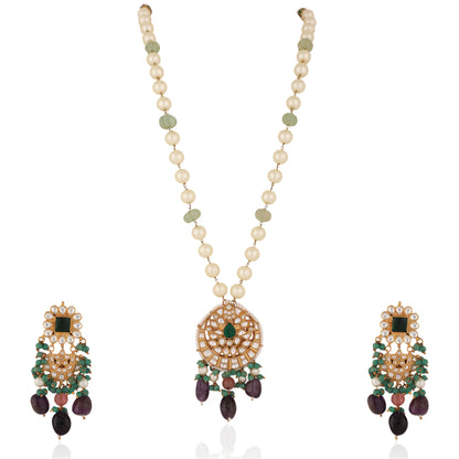 Purple & Sea Green Long Necklace Set With Emerald Beads