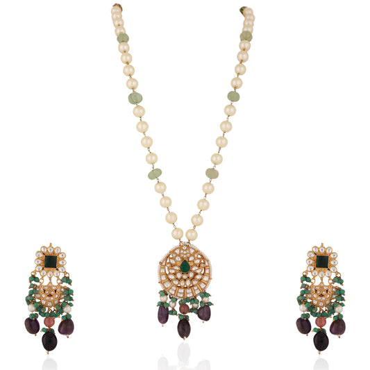 Purple & Sea Green Long Necklace Set With Emerald Beads