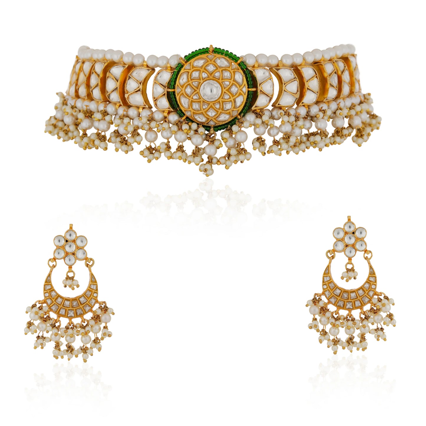 Festive wear Riana green white choker with white hangings earrings