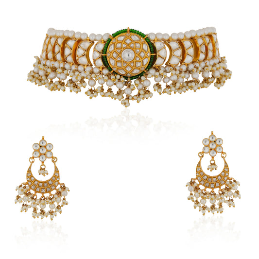 Festive wear Riana green white choker with white hangings earrings