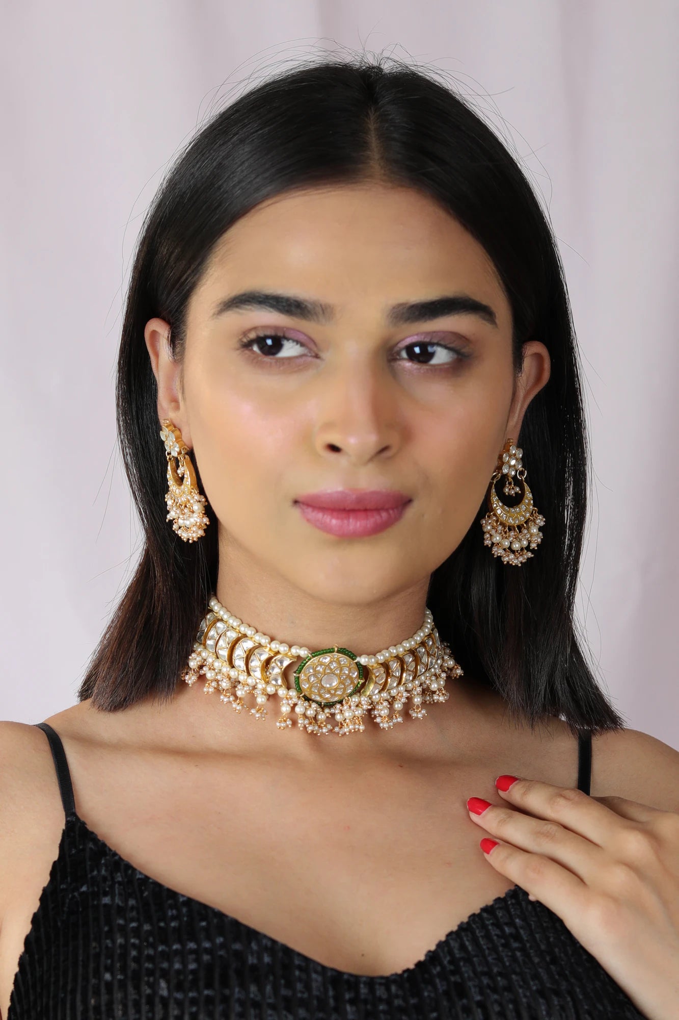 Festive wear Riana green white choker with white hangings earrings