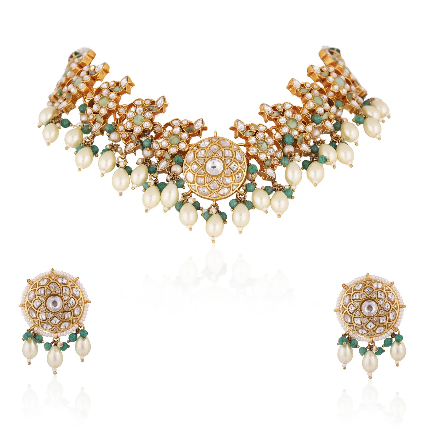 Mint green rice pearl gold plated choker set with sea green hangings