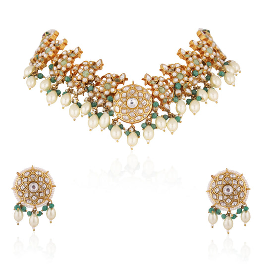 Mint green rice pearl gold plated choker set with sea green hangings