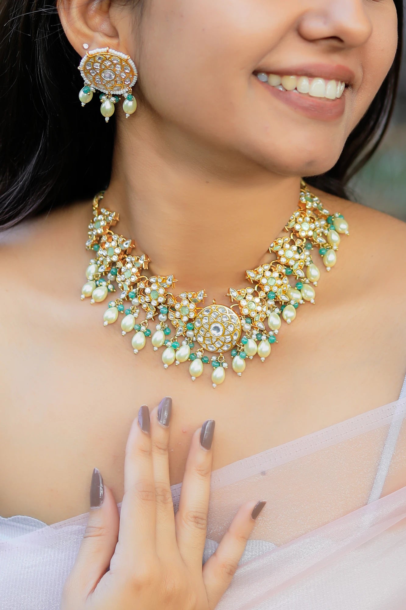 Mint green rice pearl gold plated choker set with sea green hangings