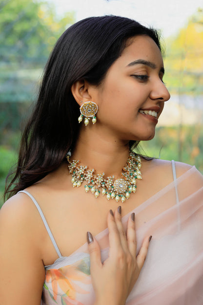 Mint green rice pearl gold plated choker set with sea green hangings