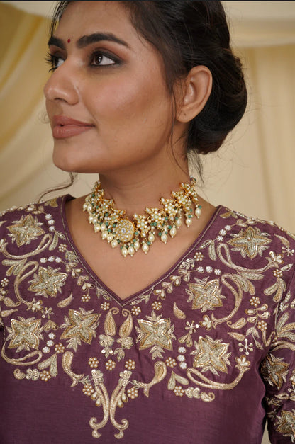 Mint green rice pearl gold plated choker set with sea green hangings