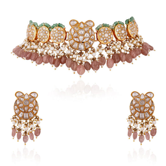 Fushion gold plated jadau necklace set with intricate design in pastel beads