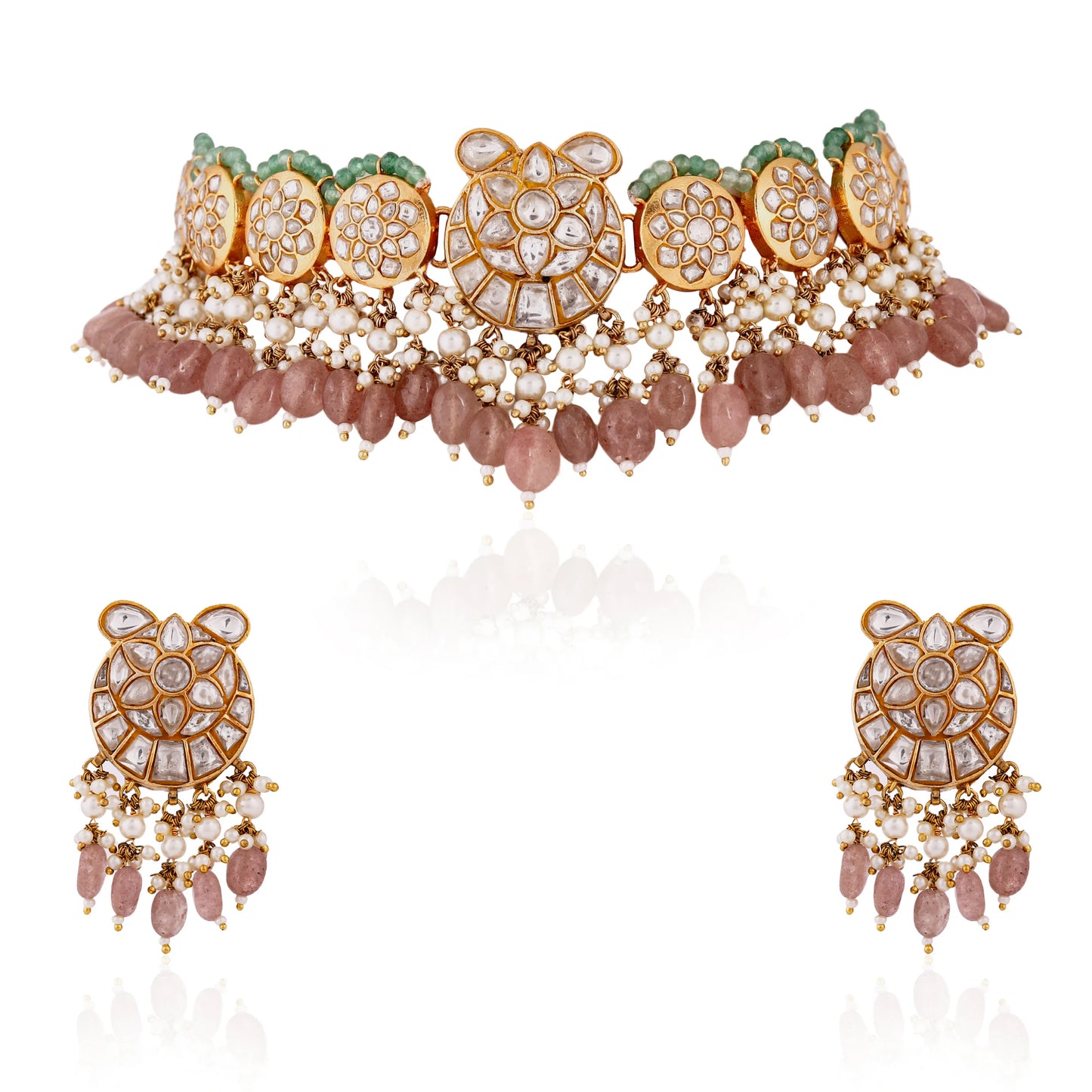 Fushion gold plated jadau necklace set with intricate design in pastel beads