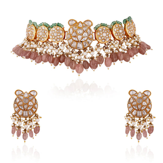 Fushion gold plated jadau necklace set with intricate design in pastel beads