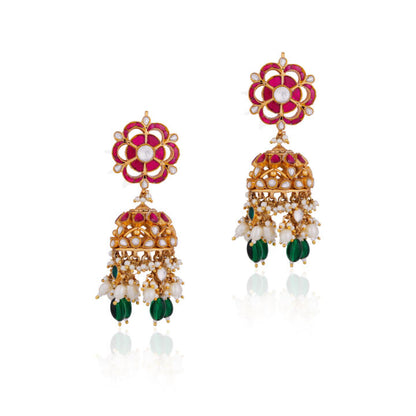Pink green gold tone jhumki earrings with pearl