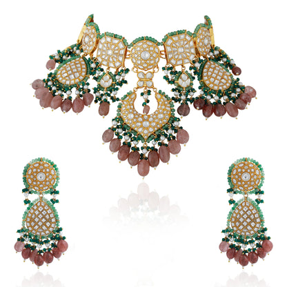 22kt handcrafted natural jadtar stone necklace set with pastel shades and emerald beads