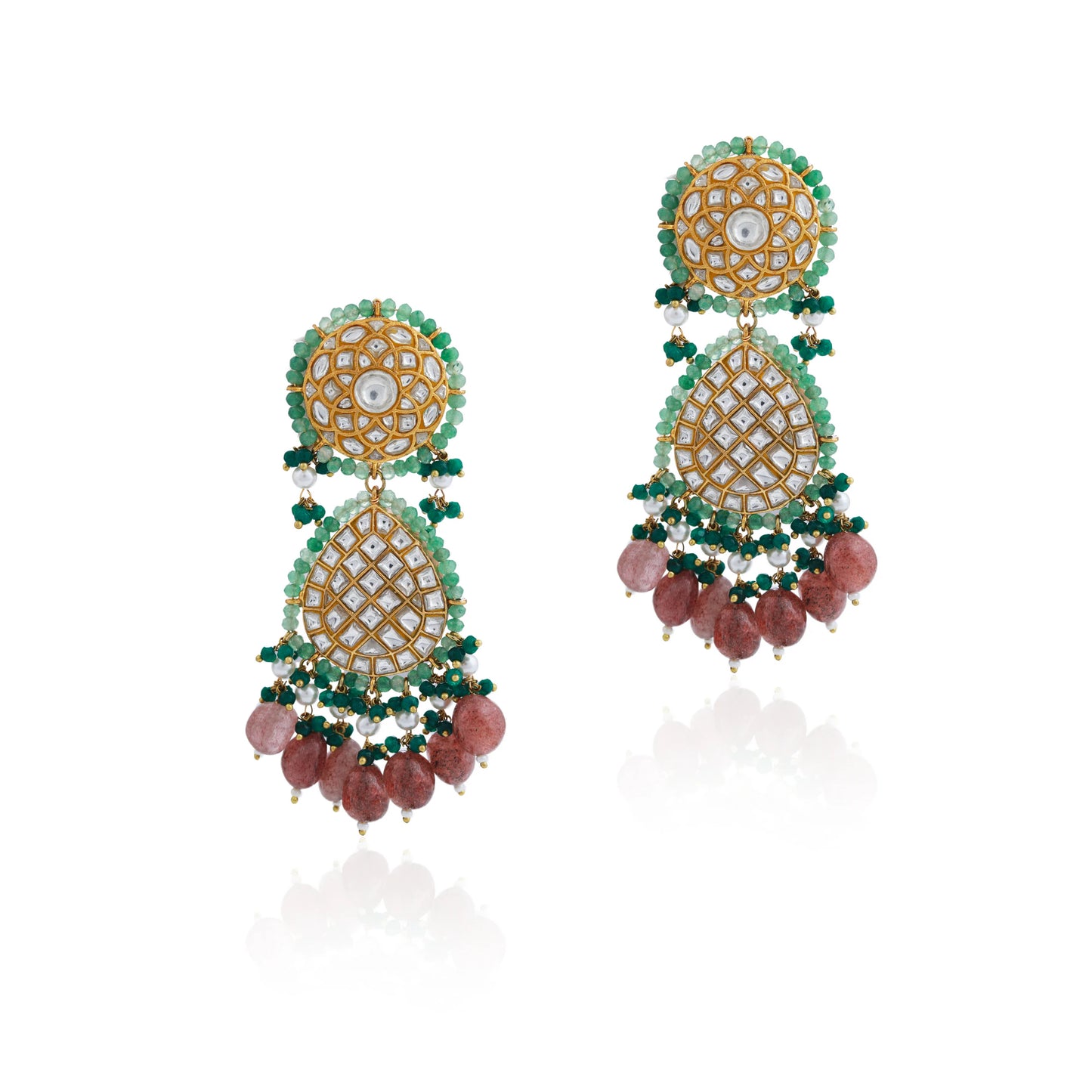22kt handcrafted natural jadtar stone necklace set with pastel shades and emerald beads