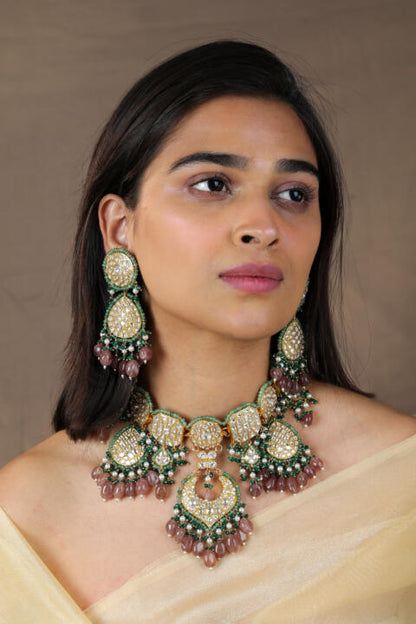 22kt handcrafted natural jadtar stone necklace set with pastel shades and emerald beads