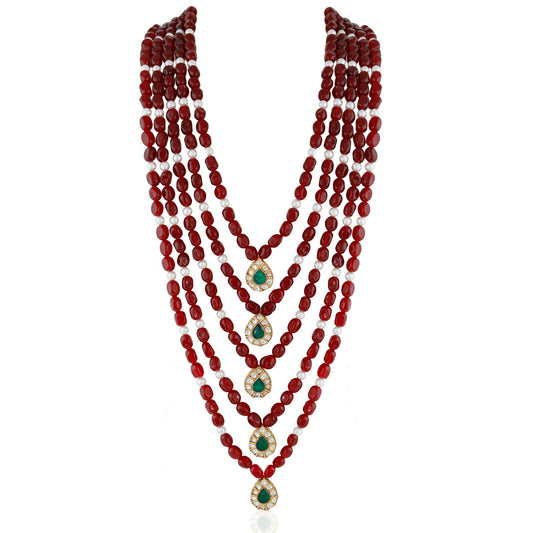 Riana Red and green elegant wear 5 layer maala with emerald touch