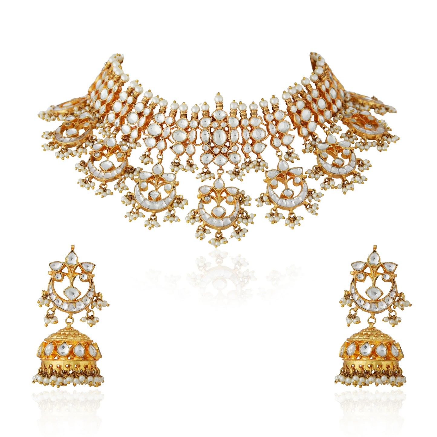 Indian jadtar white necklace with Chand shape drops and jhumki earings