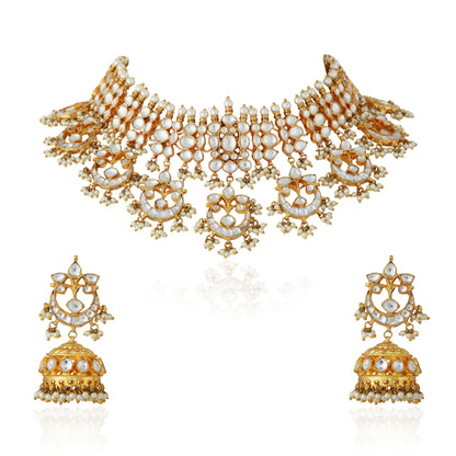 Indian jadtar white necklace with Chand shape drops and jhumki earings