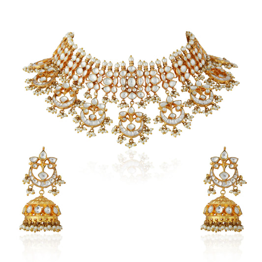 Indian jadtar white necklace with Chand shape drops and jhumki earings
