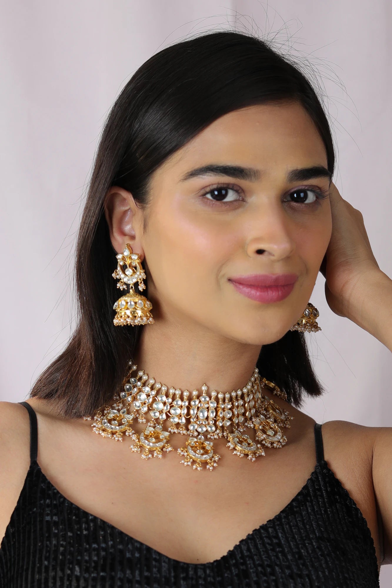 Indian jadtar white necklace with Chand shape drops and jhumki earings