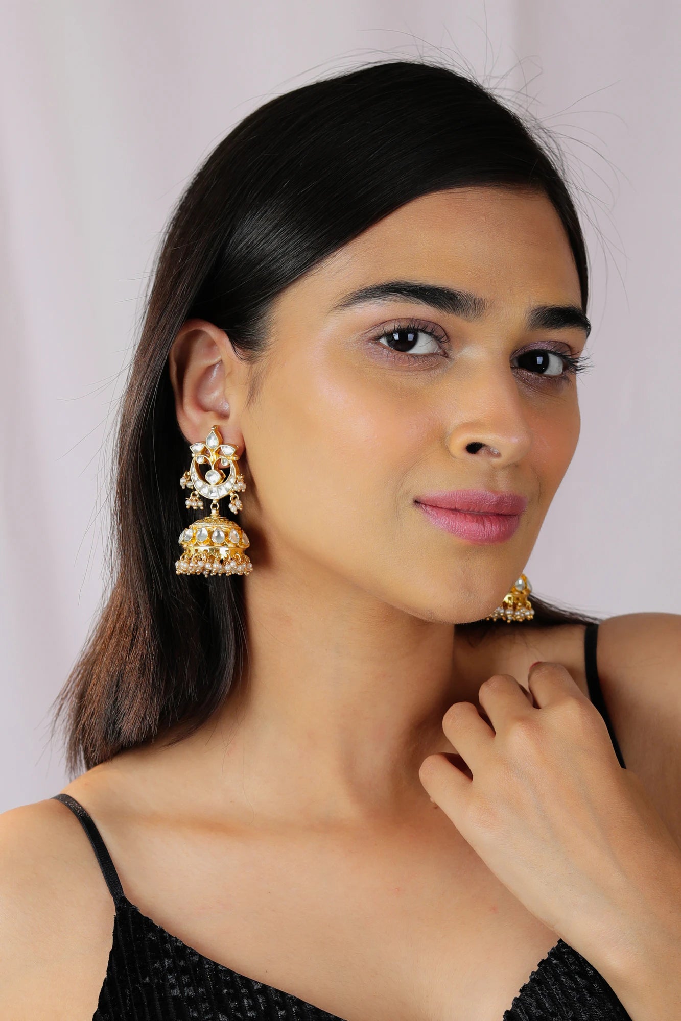 Indian jadtar white necklace with Chand shape drops and jhumki earings